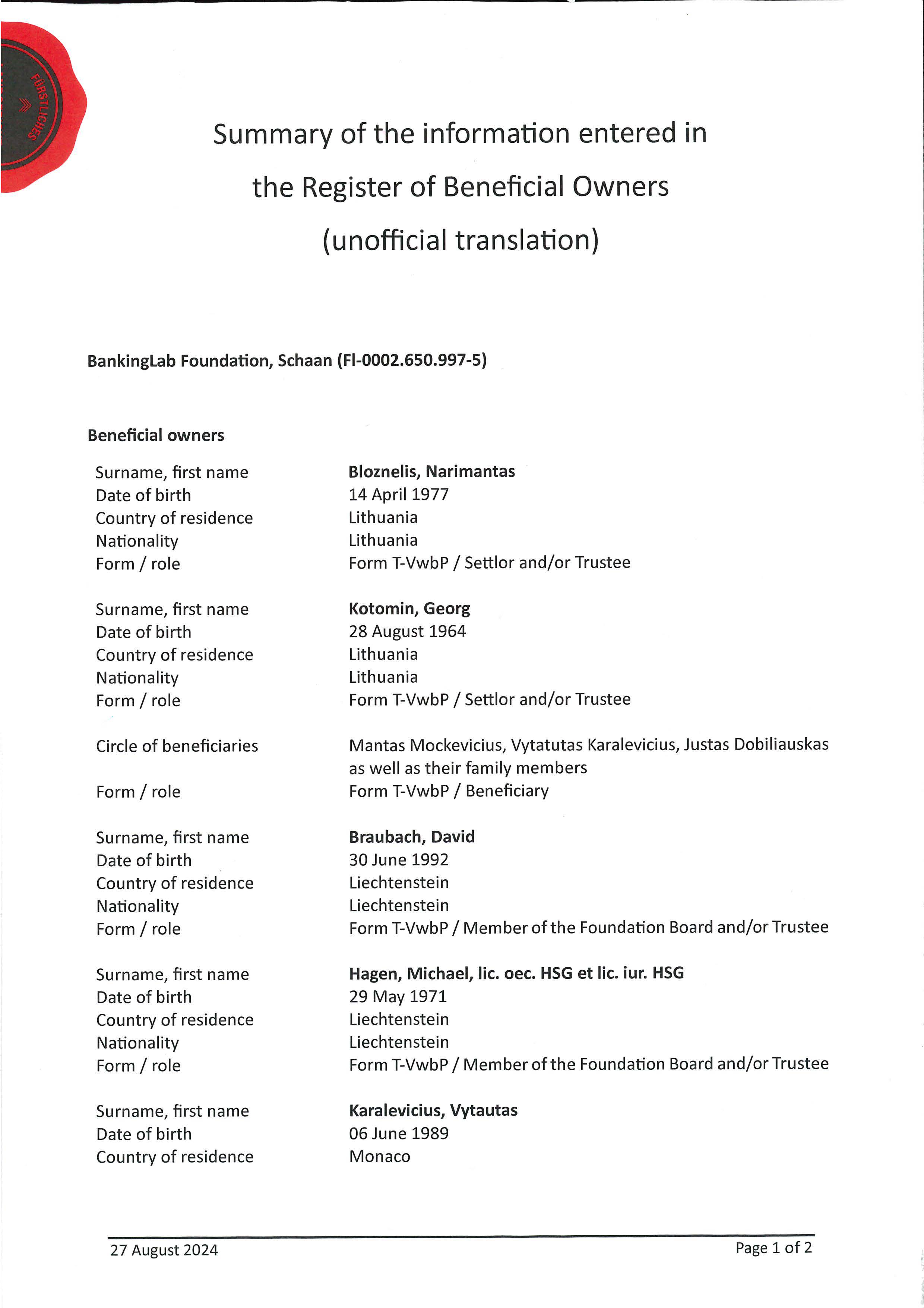 Oficialus „BankingLab Foundation“ naudos gavėjų sąrašas, kuriame N. Bloznelis ir G. Kotomin nurodyti, kaip fondo steigėjai, fondo naudos gavėjais nurodyti „Bankera“ įkūrėjai J. Dobiliauskas, V. Karalevičius ir M. Mockevičius, bei jų šeimos.